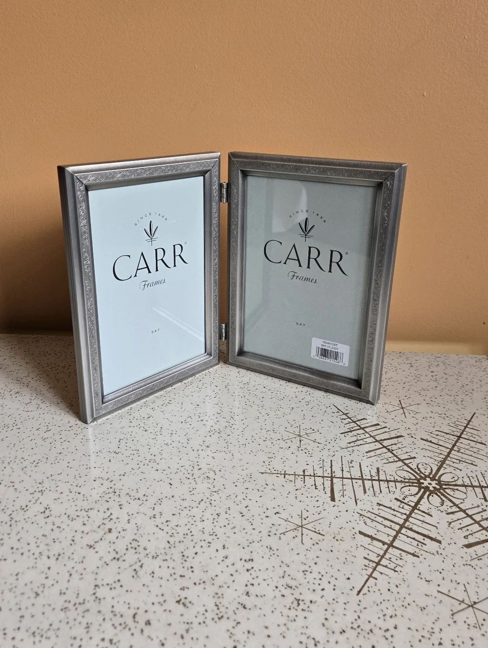 CARR Double 5x7 Picture Frame in Silver with Intrique Border Detail Vintage